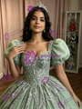 Green Tulle Puff Sleeve Appliques Quinceanera Dress