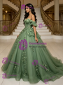 Green Tulle Off the Shoulder Appliques Quinceanera Dress