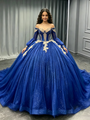 Blue Tulle Sequins Long Sleeve Quinceanera Dress