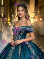 Blue Satin Off the Shoulder Appliques Quinceanera Dress