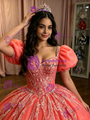 Watermelon Tulle Puff Sleeve Appliques Quinceanera Dress