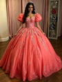 Watermelon Tulle Puff Sleeve Appliques Quinceanera Dress