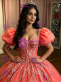 Watermelon Tulle Puff Sleeve Appliques Quinceanera Dress