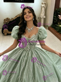 Green Puff Sleeve Sequins Quinceanera Dress