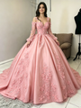 Pink Tulle Straps Long Sleeve Quinceanera Dress