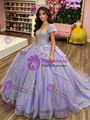 Purple Tulle Puff Sleeve Appliques Quinceanera Dress