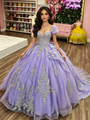 Purple Tulle Puff Sleeve Appliques Quinceanera Dress