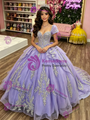 Purple Tulle Puff Sleeve Appliques Quinceanera Dress