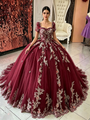 Burgundy Tulle Lace Appliques Short Sleeve Quinceanera Dress