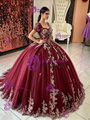 Burgundy Tulle Lace Appliques Short Sleeve Quinceanera Dress