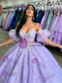 Purple Tulle Puff Sleeve Beading Quinceanera Dress