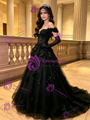 Black Tulle Off the Shoulder 3D Appliques Quinceanera Dress