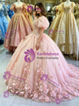 Pink Tulle Puff Sleve Appliuqes Quinceanera Dress