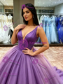 Simple Purple Tulle V-neck Quinceanera Dress