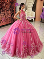 Fuchsia Tulle Halter Appliques Quinceanera Dress