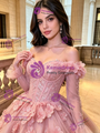 Pink 3D Flower Tulle Long Sleeve Quinceanera Dress