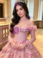 Pink 3D Flower Tulle Long Sleeve Quinceanera Dress
