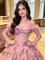 Pink 3D Flower Tulle Long Sleeve Quinceanera Dress