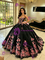 Black Straps Tulle Appliques Quinceanera Dress