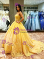 Yellow Tulle Strapless Appliques Quinceanera Dress