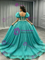 Blue Tulle Puff Sleeve Appliques Quinceanera Dress