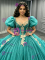Blue Tulle Puff Sleeve Appliques Quinceanera Dress