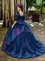 Navy Blue Tulle Short Sleeve Appliques Quinceanera Dress