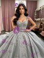 Gray Tulle Strap Appliques Quinceanera Dress