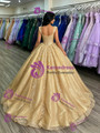 Gold Sequins Straps Appliques Quinceanera Dress