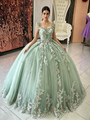 Green Tulle Appliques Beading Quinceanera Dress