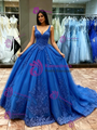 Blue V-neck Appliques Sleeveless Quinceanera Dress