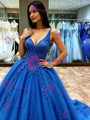 Blue V-neck Appliques Sleeveless Quinceanera Dress