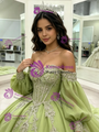 Green Long Sleeve Off the Shoulder Quinceanera Dress