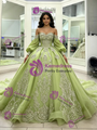 Green Long Sleeve Off the Shoulder Quinceanera Dress