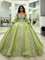 Green Long Sleeve Off the Shoulder Quinceanera Dress