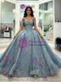 Blue Tulle Off the Shoulder Long Sleeve Quinceanera Dress