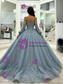 Blue Tulle Off the Shoulder Long Sleeve Quinceanera Dress