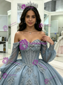 Blue Tulle Off the Shoulder Long Sleeve Quinceanera Dress