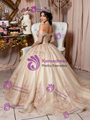 Champagne Tulle Appliques Quinceanera Dress