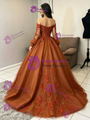 Brown Tulle Long Sleeve Appliques Quinceanera Dress