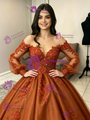 Brown Tulle Long Sleeve Appliques Quinceanera Dress