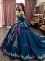 Navy Blue Long Sleeve Appliques Quinceanera Dress