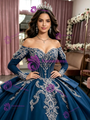 Navy Blue Long Sleeve Appliques Quinceanera Dress
