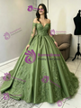 Green Long Sleeve Appliques Quinceanera Dress