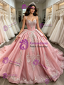Pink Tulle Spaghetti Straps Appliques Quinceanera Dress