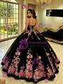 Black Tulle Spaghetti Straps Appliques Quinceanera Dress
