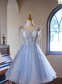 Blue Tulle Straps Lace Homecoming Dress