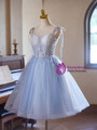 Blue Tulle Straps Lace Homecoming Dress