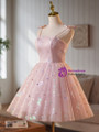 Pink Tulle Spaghetti Straps Butterfly Sequins Homecoming Dress