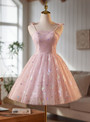Pink Tulle Spaghetti Straps Butterfly Sequins Homecoming Dress